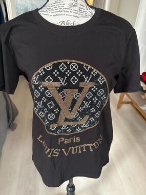 Designer Black Tee with Gold Crystal LV Emblem
